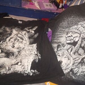 Black Short Sleeve Graphic Tee with Wolf & Native Chief Print